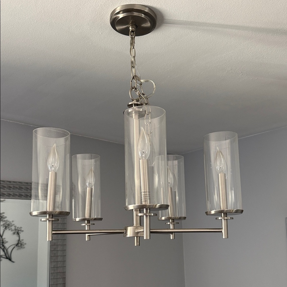 Contemporary Silver Chandelier with Cylindrical Glass Shades